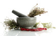 dried herbs in mortar and vegetables, isolatrd on white