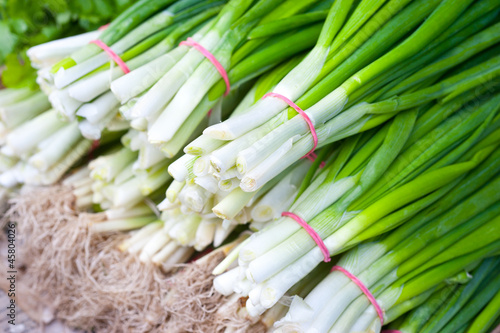Photo: Bunches of green onions on display at a farmers' market Bunches of green onions on display at a farmers' market