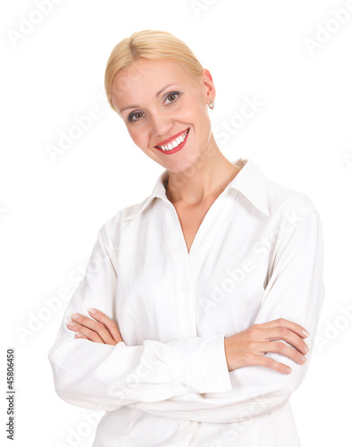 Photo: confident young business lady posing against white background confident young business lady posing against white background