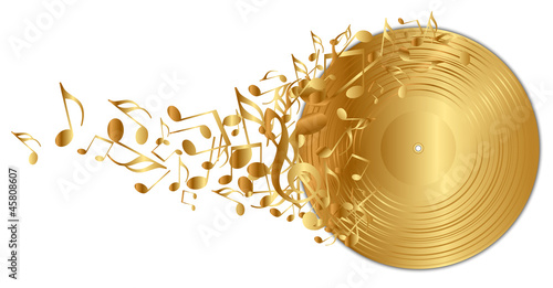 Vector: Vector illustration of golden vinyl record with notes Vector illustration of golden vinyl record with notes