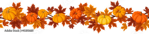 Vector: Vector horizontal background with pumpkins and autumn leaves Vector horizontal background with pumpkins and autumn leaves