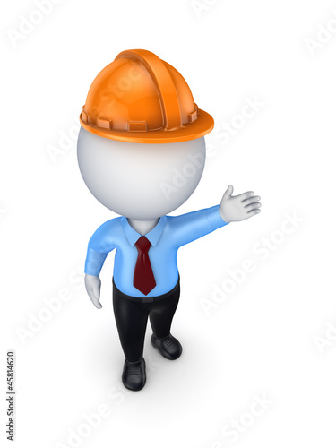 Illustration: 3d small person in an orange helmet. 3d small person in an orange helmet.