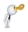 3d small person with a goden key in a hands.