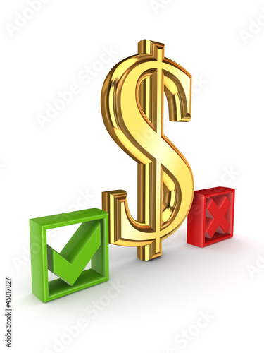 Illustration: Dollar sign between tick and cross marks. Dollar sign between tick and cross marks.