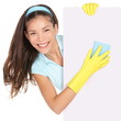 Cleaning woman showing sign