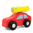 Rotes Holzauto mit Batterie auf Dach