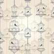 Vintage birds and birdcages. Vector illustration.
