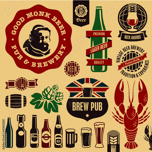 Vector: Beer pub labels, badges and icons collection. Monk beer label. Beer pub labels, badges and icons collection. Monk beer label.