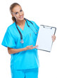 Photo: Beautiful gorgeous nurse holding writingpad and smiling Beautiful gorgeous nurse holding writingpad and smiling