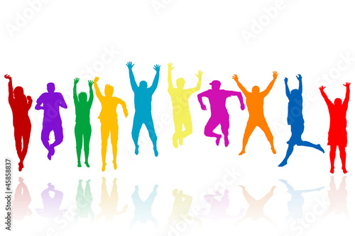 Illustration: Group of young people silhouettes jumping Group of young people silhouettes jumping