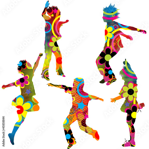 Illustration: Children silhouettes made of circles and flowers Children silhouettes made of circles and flowers