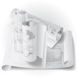 Architectural background with rolls of drawings