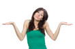 woman with surprised face comparing hand position