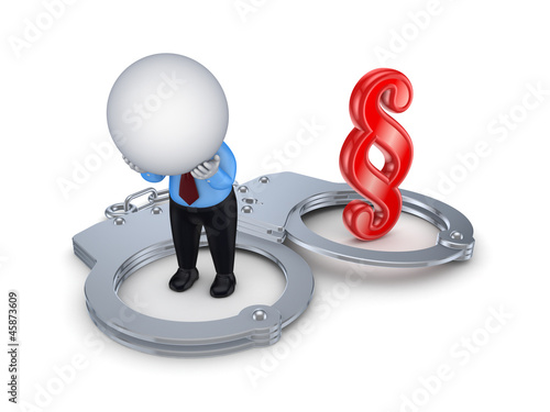 Illustration: Sad 3d small person, handcuff and paragraph sign. Sad 3d small person, handcuff and paragraph sign.