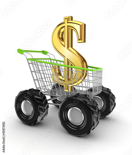 Illustration: Dollar sign in a shopping trolley. Dollar sign in a shopping trolley.