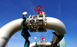 Industrial zone, Steel pipelines and valves against blue sky
