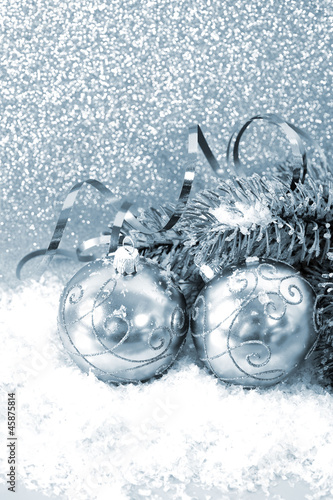 Photo: silver christmas balls with christmas tree silver christmas balls with christmas tree
