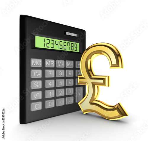 Illustration: Calculator and golden sign of pound sterling. Calculator and golden sign of pound sterling.