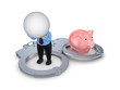 3d small person, handcuff and pink piggy bank.