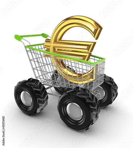 Illustration: Euro sign in a shopping trolley. Euro sign in a shopping trolley.