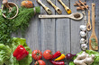 Vegetables and spices vintage border and empty cutting board