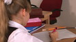 Schoolchild in classroom near blackboard.