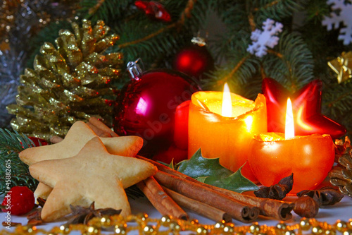 Photo: Christmas decoration with Christmas balls and candles Christmas decoration with Christmas balls and candles