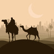 Camel caravan in arabic skyscraper city landscape illustration b