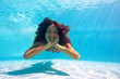 Photo: Smiling woman underwater close up portrait in swimming pool. Smiling woman underwater close up portrait in swimming pool.