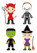 Vector: halloween kids costume, devil, skeleton, franky and witch halloween kids costume, devil, skeleton, franky and witch