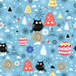 Christmas texture of owls trees and balls