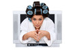 Woman with rollers in hair escaping from television