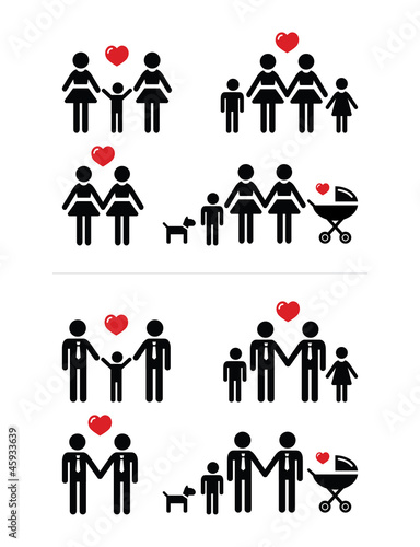 Vector: Gay, lesbian couples and family with children icons set Gay, lesbian couples and family with children icons set