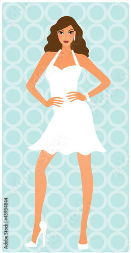 Illustration: Attractive brunette posing in sexy white short dress Attractive brunette posing in sexy white short dress