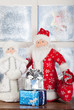 toy Santa Claus, Snow Maiden, present box near frost window