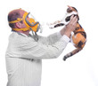 Allergy to animal fur concept. Man in respirator and his cat.