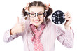 Isolated Young Girl Showing Clock With Thumbs Up
