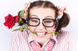 Cute Smiling Woman Wearing Nerd Glasses With Rose