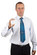 Portrait of businessman showing blank business card, isolated on
