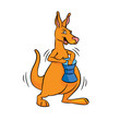 Orange happy kangaroo playing at drum