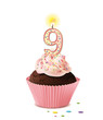 Cupcake mit Kerze und die Zahl 9