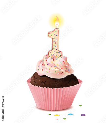 Vector: Cupcake mit Kerze und die Zahl 1 Cupcake mit Kerze und die Zahl 1