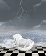 Unicorn sits in a surreal seascape