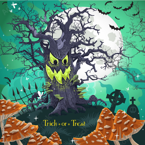 Vector: Terrible cartoon tree with a grin at midnight on the cemetery Terrible cartoon tree with a grin at midnight on the cemetery