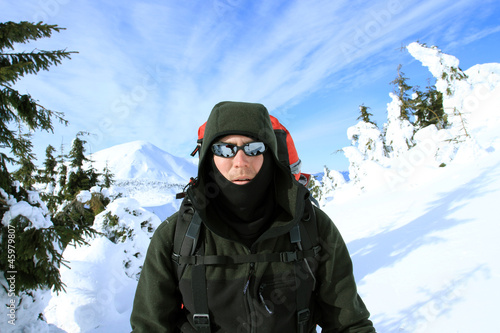 Photo: Winter hiking in snowshoes. Winter hiking in snowshoes.