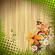Wood background with lilies and drops
