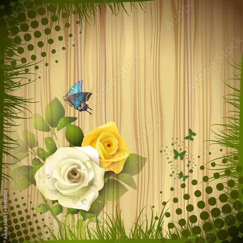 Vector: Wood background with roses and drops Wood background with roses and drops