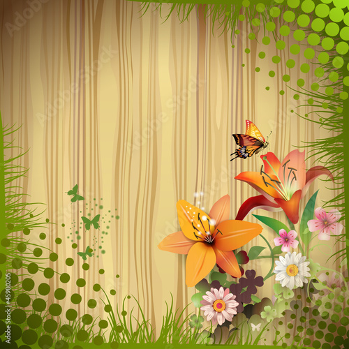 Vector: Wood background with lilies and drops Wood background with lilies and drops