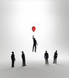 Tiny abstract man flying away on a balloon