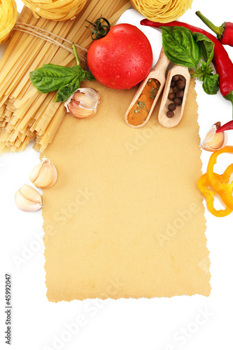 Photo: paper for recipes, spaghetti with vegetables and spices, paper for recipes, spaghetti with vegetables and spices,